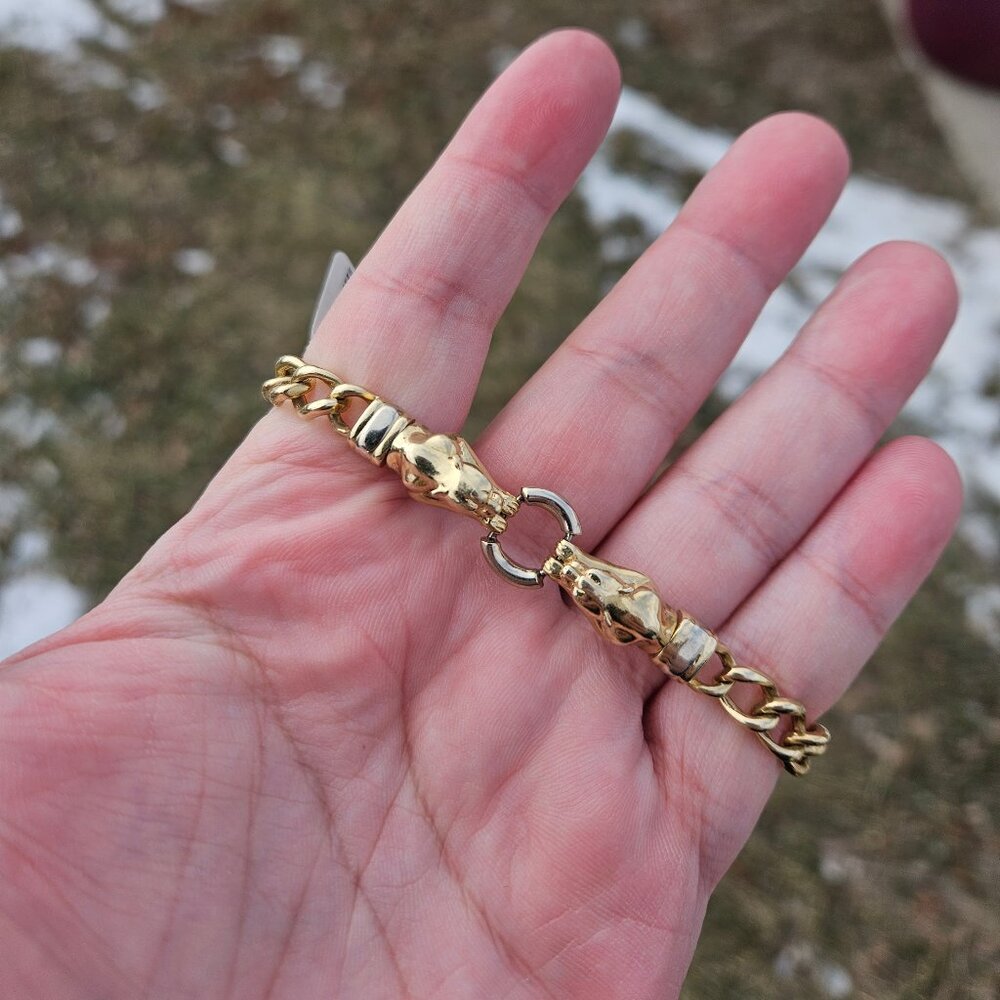 14K Yellow & White Gold Jaguar Chain Link Bracelet 6.5 Inches 6mm Wide